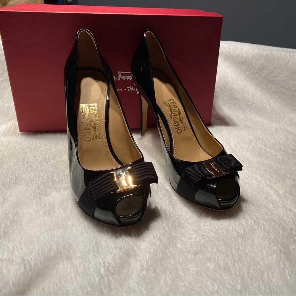 Salvatore Ferragamo black patent 10 C high heels